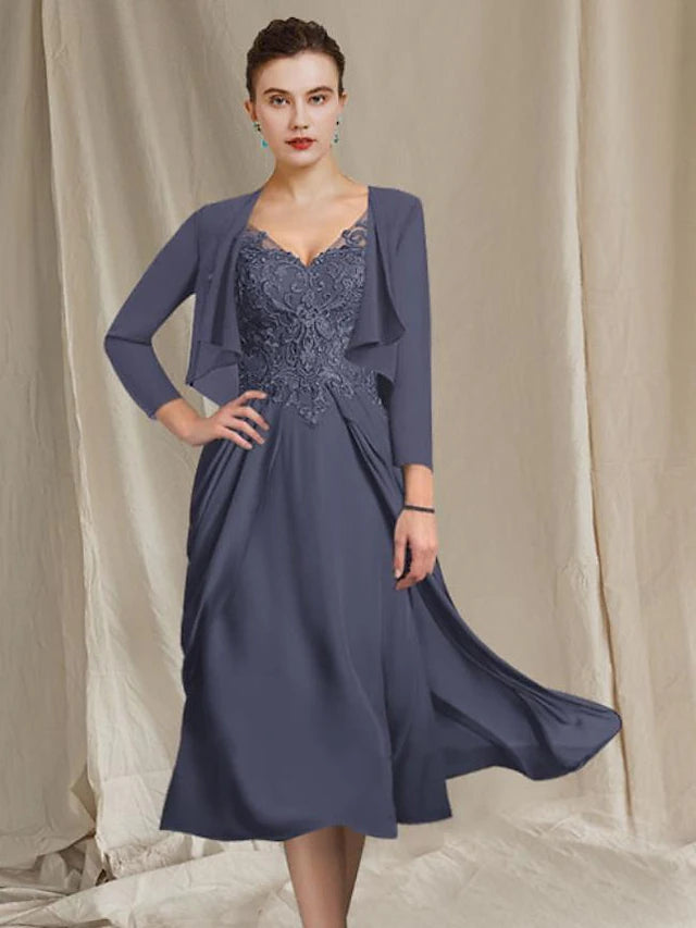 A-Linien-Kleid für die Brautmutter, Übergröße, elegant, V-Ausschnitt, knielang, Chiffon, Spitze, kurze Ärmel, Wickelkleid inklusive Applikationen